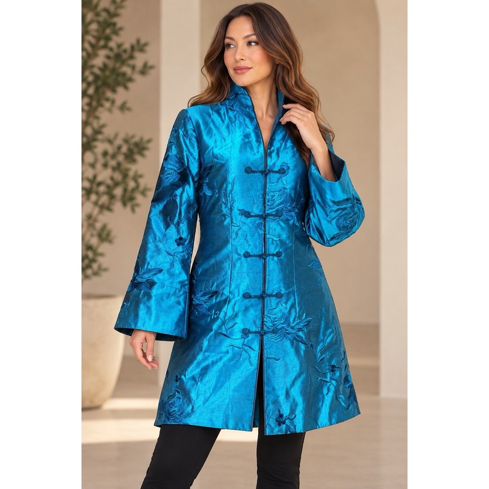 Shanghai Soho Womens M Blue Embroidered Mandarin Long Coat Jacket NWT